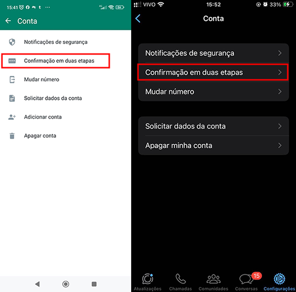 confirmação em duas etapas colocar senha WhatsApp